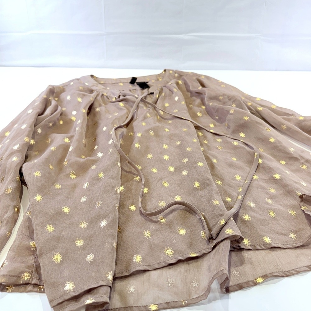 Bisou Bisou Michele Bohbot Gold Starburst Sheer Blouse Taupe Brown L  328C4 - Picture 2 of 7